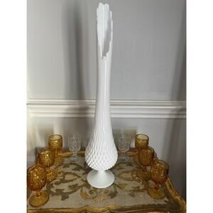 Vintage Fenton White Milk Glass Hobnail Swung Vase 23.5” Pedestal MCM Large
